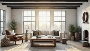 "Sunlit industrial farmhouse living room with black metal beams, reclaimed wood coffee table, vintage leather armchair, white shiplap walls, factory-style windows, and minimal greenery decor in warm brown and soft gray tones."