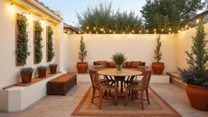 "Mediterranean-style backyard with vertical planters, string lights, and bistro set during golden hour"