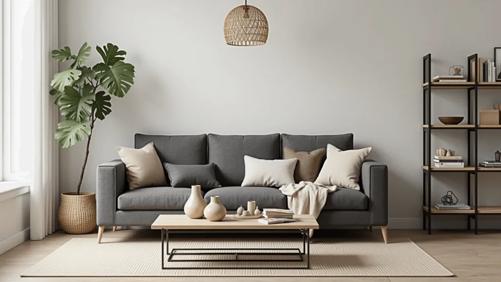 "Minimalist Japandi style living room with neutral tones, minimalist furniture, earth-toned ceramics, and organic elements"