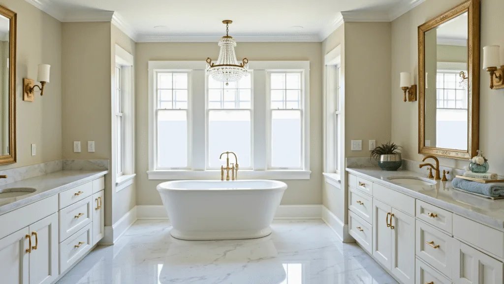 "Transitional bathroom with marble floors, freestanding tub, double vanity with quartz countertop, and brass fixtures, bathed in warm natural light."