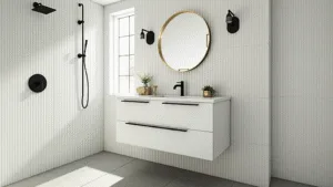 "Luxurious modern bathroom with floating vanity, brass mirror, and white subway tiles illuminated by morning light"