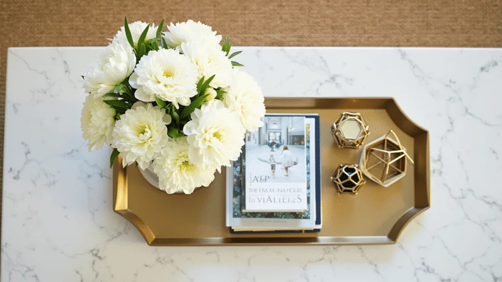 "Aerial view of a marble coffee table with brass tray, white peonies, design books, and brass sculptures on a light oak floor"