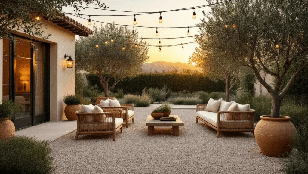 "Mediterranean backyard patio with terracotta pots, olive trees, rattan furniture, string lights at golden hour"