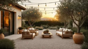 "Mediterranean backyard patio with terracotta pots, olive trees, rattan furniture, string lights at golden hour"
