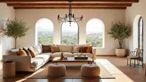 "Mediterranean living room with white plaster walls, exposed wooden beams, terracotta tiles, arched windows, iron chandelier, and olive trees in ceramic planters during golden hour"