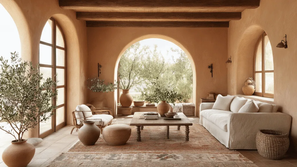 "Sunlit Mediterranean interior featuring terracotta walls, arched windows, wooden beams, linen sofa, ceramic vases, olive branches, handwoven rugs, and wrought iron accents in a warm afternoon light"