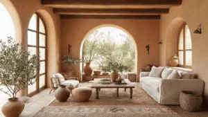 "Sunlit Mediterranean interior featuring terracotta walls, arched windows, wooden beams, linen sofa, ceramic vases, olive branches, handwoven rugs, and wrought iron accents in a warm afternoon light"