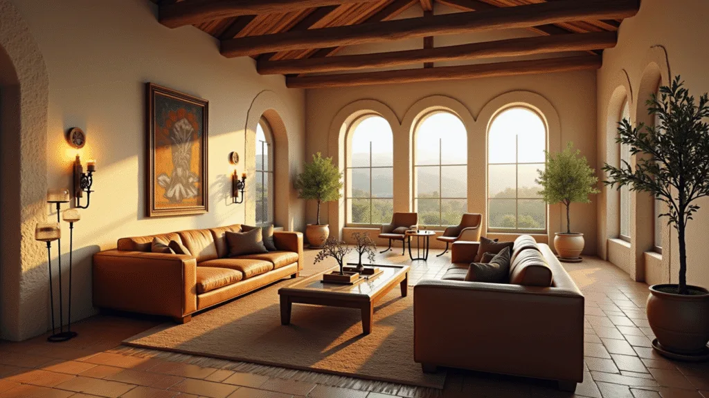 "Mediterranean living room with vaulted ceilings, arched windows, terracotta tiles, rustic wooden beams, and potted olive trees bathed in warm sunset light."