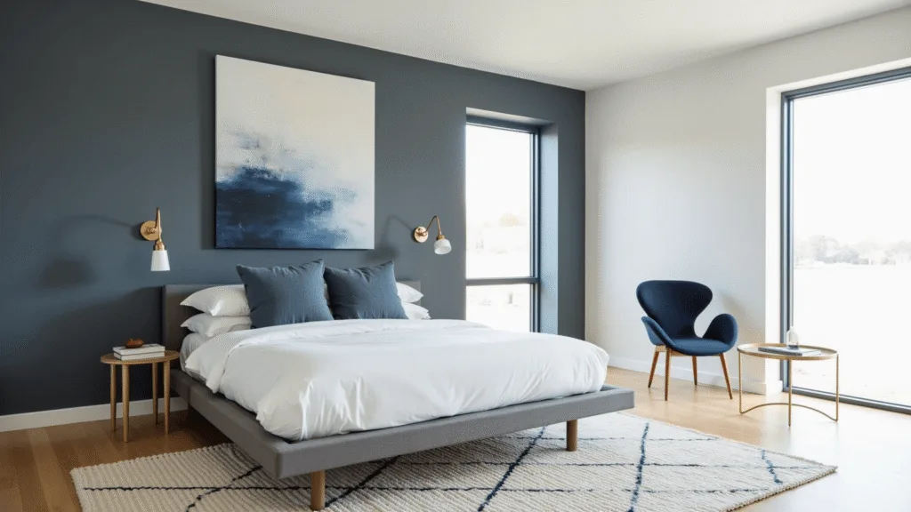 "Minimalist blue bedroom with platform bed, brass sconces, and abstract wall art in soft morning light"