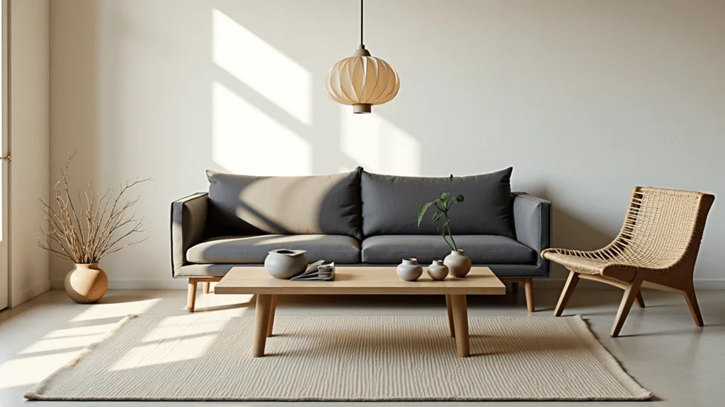 "Minimalist Japandi style living room with neutral tones, featuring a low-profile sofa, oak coffee table, rattan chair, and paper lantern in serene morning light."