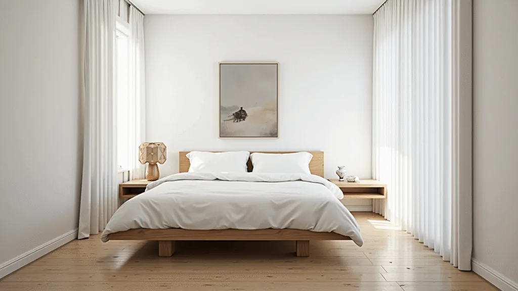 "Minimalist bedroom with oak platform bed, white linen bedding, abstract artwork, ceramic lamp, and light oak flooring in soft morning light"