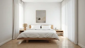 "Minimalist bedroom with oak platform bed, white linen bedding, abstract artwork, ceramic lamp, and light oak flooring in soft morning light"