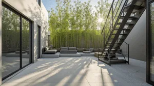 "Minimalist concrete courtyard featuring a zen garden, floating steel staircase, modern furniture, bamboo groves, and floor-to-ceiling glass walls in early morning light."