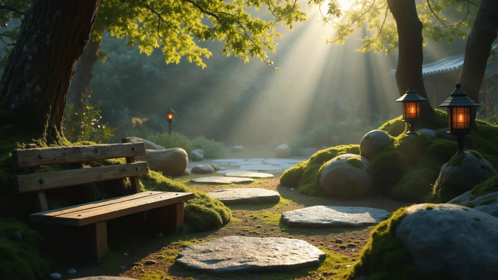 Wabi-Sabi Garden Design: Embracing Imperfect Natural Beauty "Japanese garden at dawn with moss-covered stones, weathered wood, and copper lanterns in natural morning light"