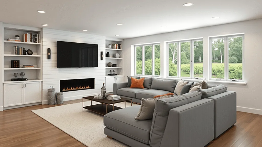 Transform Your Basement: The Ultimate Guide to Creating a Stunning Living Space "Modern basement with grey sectional, white shelving units, sunlit egress windows on clean shiplap wall"