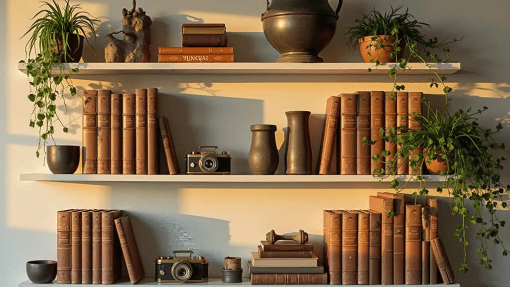 "Modern bookshelf styling with stacked books, vintage cameras, plants, and ceramic objects during golden hour"