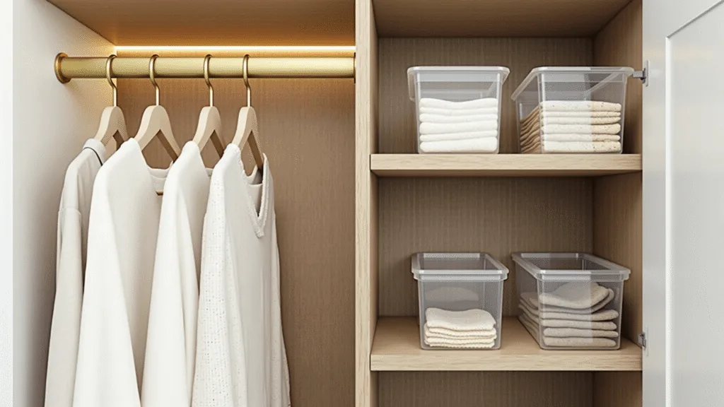 "Modernized small closet with velvet hangers, LED lighting, floating shelves, and grasscloth wallpaper backdrop"
