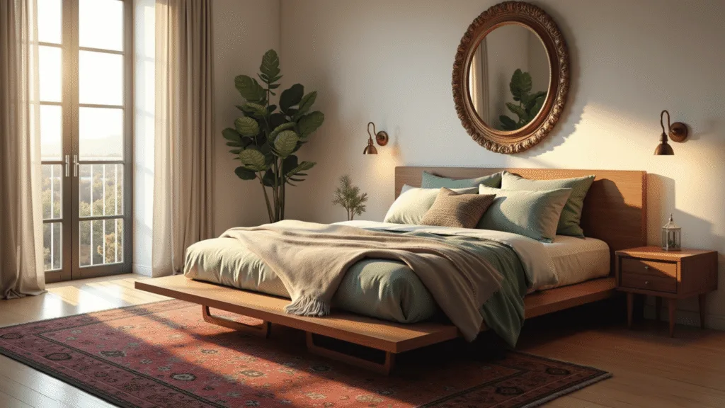 "Sunlit modern vintage bedroom with walnut bed, brass accents, sage green and cream bedding, burgundy Persian rug, and large brass mirror"