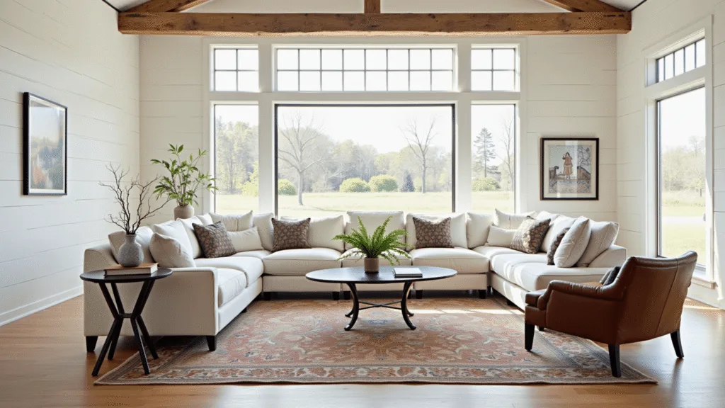 Vintage Modern Farmhouse: Creating Timeless Comfort with Contemporary Flair "Modern farmhouse living room with distressed oak beams, white linen sectional, vintage leather armchair, and Persian rug"