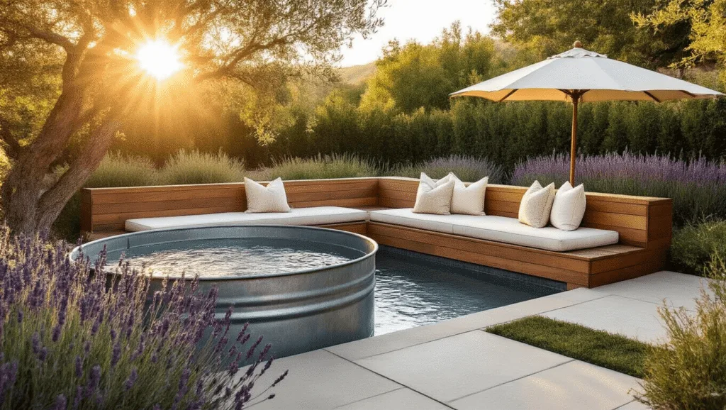"Backyard scene with a steel stock tank pool, redwood bench with cream cushions, lavender plants, and a vintage umbrella during golden hour"