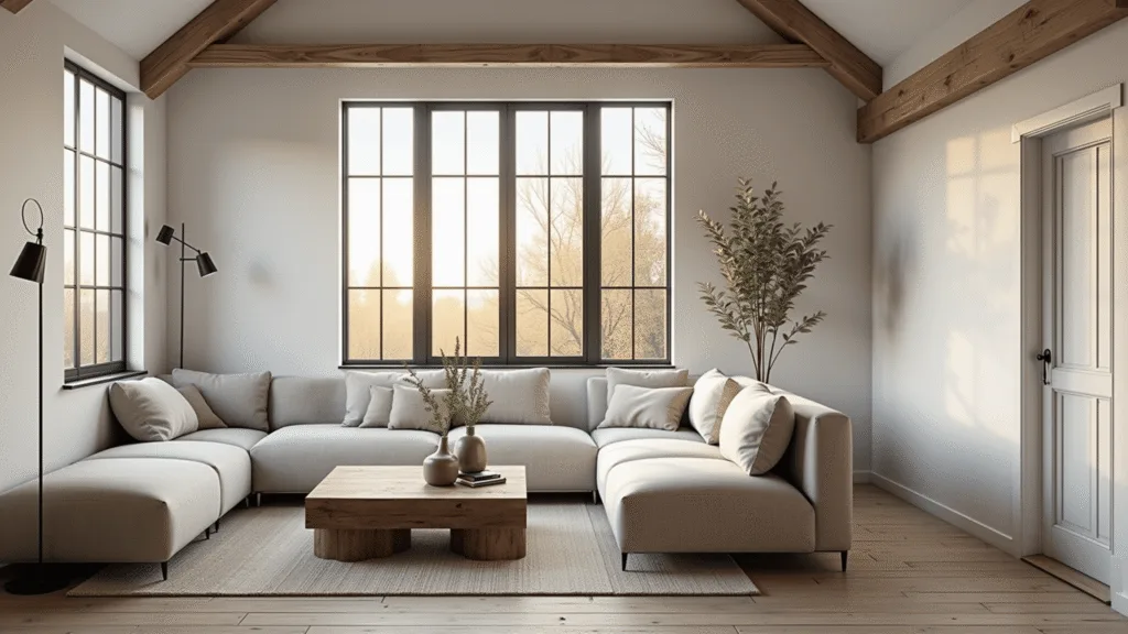 Modern Farmhouse: Your Ultimate Home Transformation Playbook "Sunlit modern farmhouse living room with vaulted ceiling, neutral palette, and black metal accents"