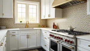 "Modern white kitchen with geometric backsplash, stainless steel appliances, and brass fixtures illuminated by natural light"