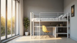 "Modern minimalist loft bed with built-in desk underneath, an Eames-style chair, and minimalist décor in a room with floor-to-ceiling windows during golden hour"