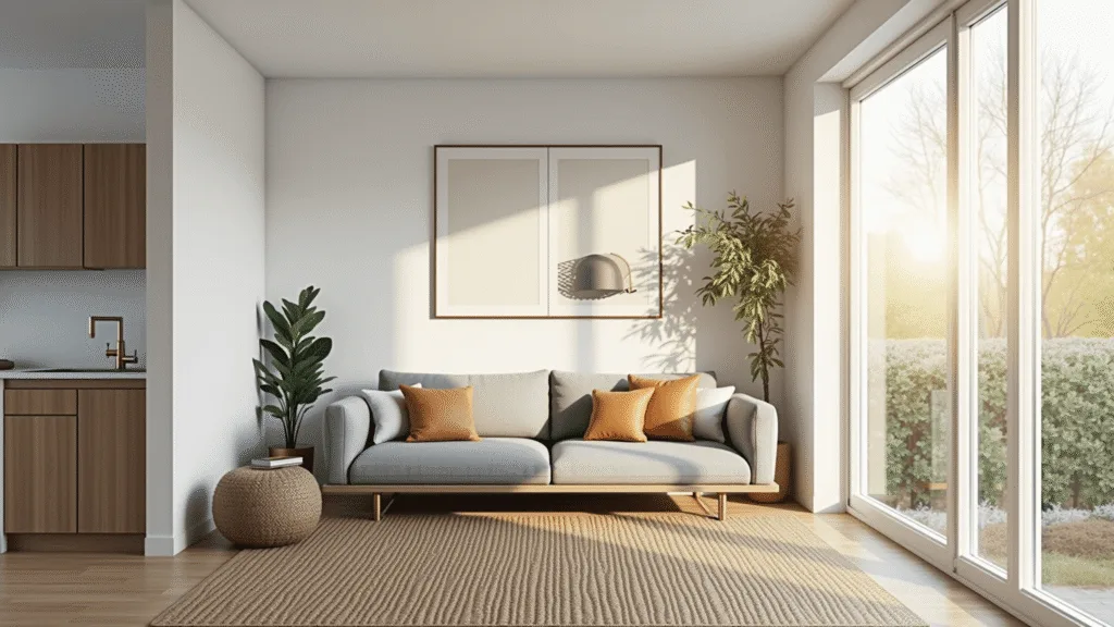 "Modern, small-space living room with minimalist furniture, natural light from floor-to-ceiling windows, and neutral tones"