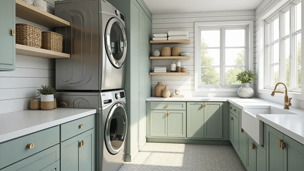 "Modern laundry room with stainless steel appliances, sage green cabinets, white quartz countertop, and coastal accents"