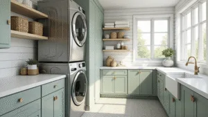 "Modern laundry room with stainless steel appliances, sage green cabinets, white quartz countertop, and coastal accents"