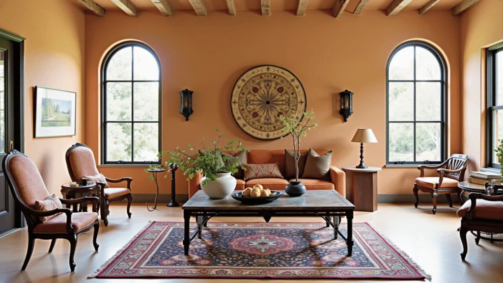 "Sunlit modern Spanish Revival living room with terracotta walls, arched windows, wrought iron details, vintage Persian rug, and olive branches for a warm aesthetic."