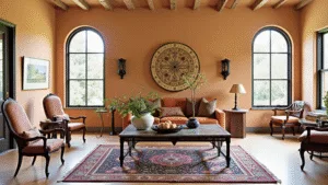 "Sunlit modern Spanish Revival living room with terracotta walls, arched windows, wrought iron details, vintage Persian rug, and olive branches for a warm aesthetic."