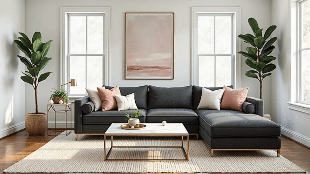 "Modern and elegant living room with dark grey couch, marble coffee table, and textural accents, bathed in morning sunlight."