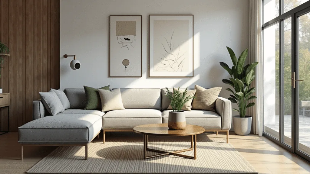 "Modern sunlit living room with grey sectional sofa, vintage rugs, wooden accents, and indoor plants"