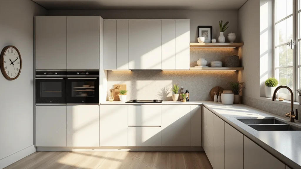 "Sunlit modern small kitchen with white cabinets, quartz waterfall countertop, metallic accents, and minimalist styling"
