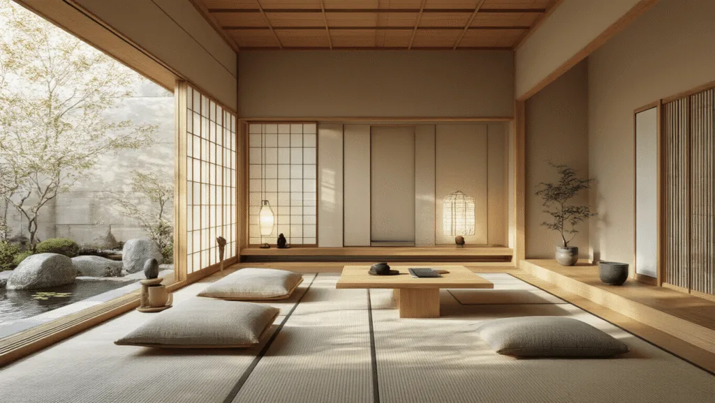 "Modern Japanese Zen living room with minimalist furniture, bamboo and stone accents, and traditional elements in soft morning light."