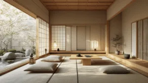 "Modern Japanese Zen living room with minimalist furniture, bamboo and stone accents, and traditional elements in soft morning light."