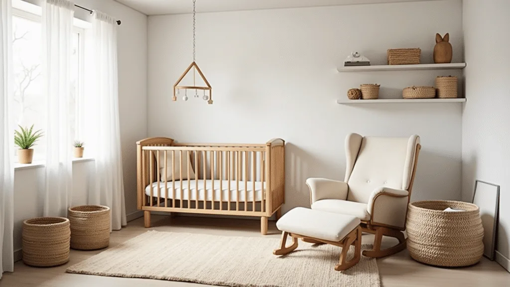 "Minimalist nursery with natural wood crib, cream rocker, woven baskets, and soft morning light"