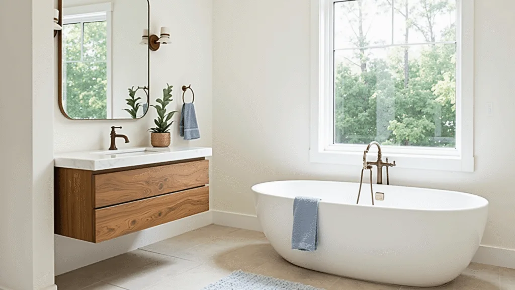 "Serene spa-inspired bathroom with white oval tub, floating oak vanity, brass mirror and eucalyptus plant, lit by morning sunlight on a clean background."