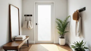 "Minimalist sunlit entryway with walnut bench, brass mirror, pegs with linen totes and hat, jute runner and wall-mounted philodendron."