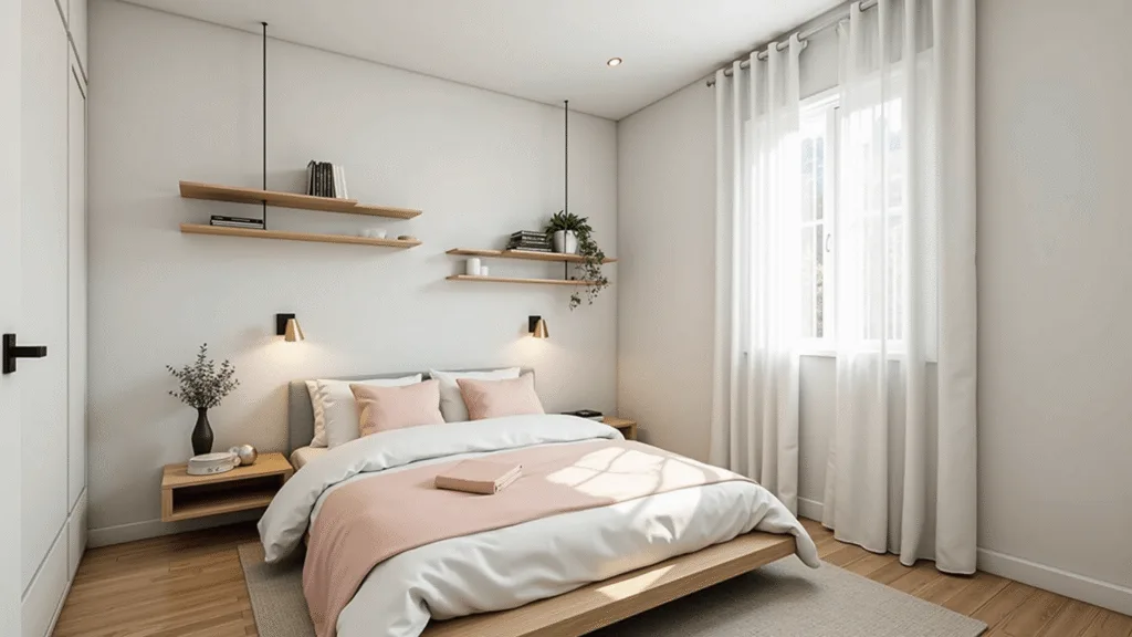 "Tiny serene bedroom with minimalist design, platform bed, floating shelves, natural light and soft neutrals accents"