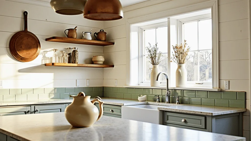 Antique Kitchen Decor: Create a Timeless, Charming Culinary Haven "Vintage farmhouse kitchen with sage green marble island, antique breadboards, hanging copper pots, and dried herbs in mason jars in warm, golden lighting"