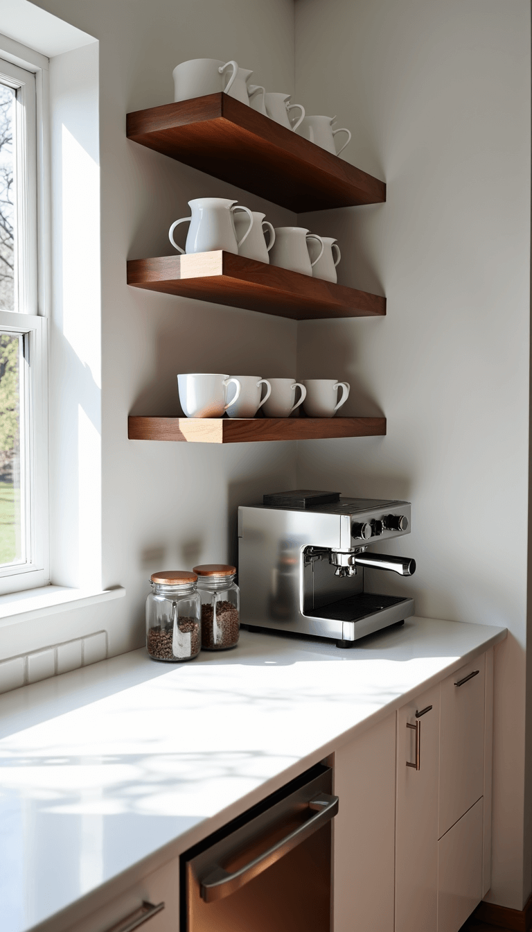 Sunny modern minimalist coffee bar in a kitchen alcove with chrome espresso machine, quartz countertop, walnut shelves with white mugs, and glass canisters of coffee beans