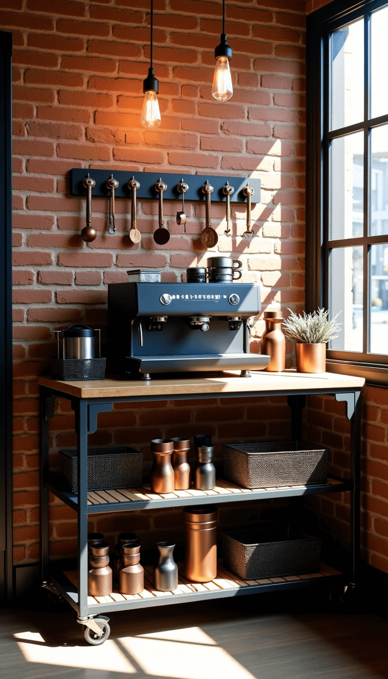 Industrial-chic coffee station with matte black espresso machine and copper accessories on a vintage metal cart, set against an exposed brick wall with dramatic afternoon shadows from factory-style windows. Features include wire baskets with coffee supplies and a magnetic strip with measuring spoons.