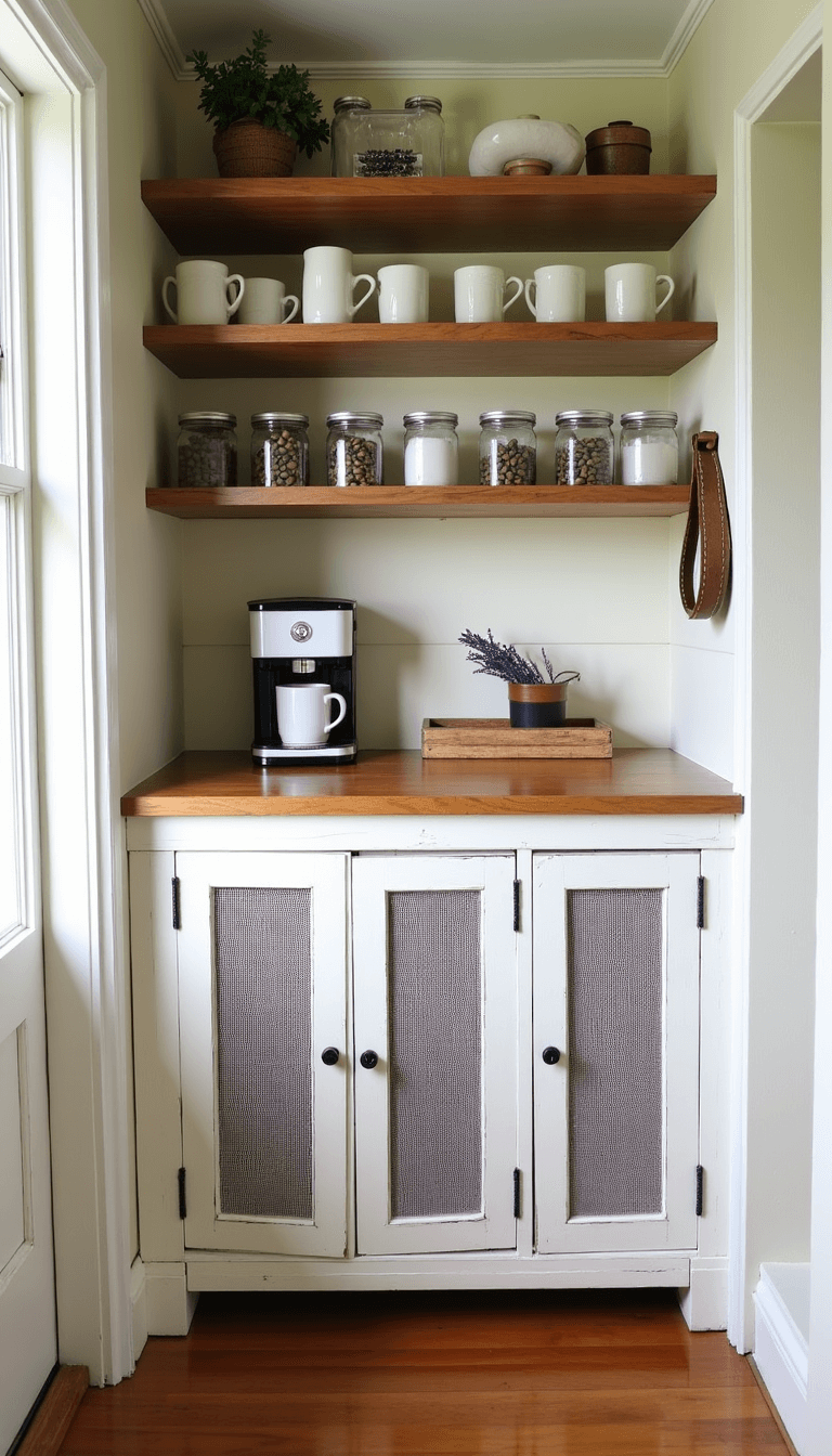 Cozy farmhouse coffee nook in early morning light with vintage mugs in a white cabinet, mason jars of coffee beans, a white Smeg coffee maker on weathered tray, and dried lavender on wooden shelves. Colors are creamy whites, sage green, and honey-toned woods.