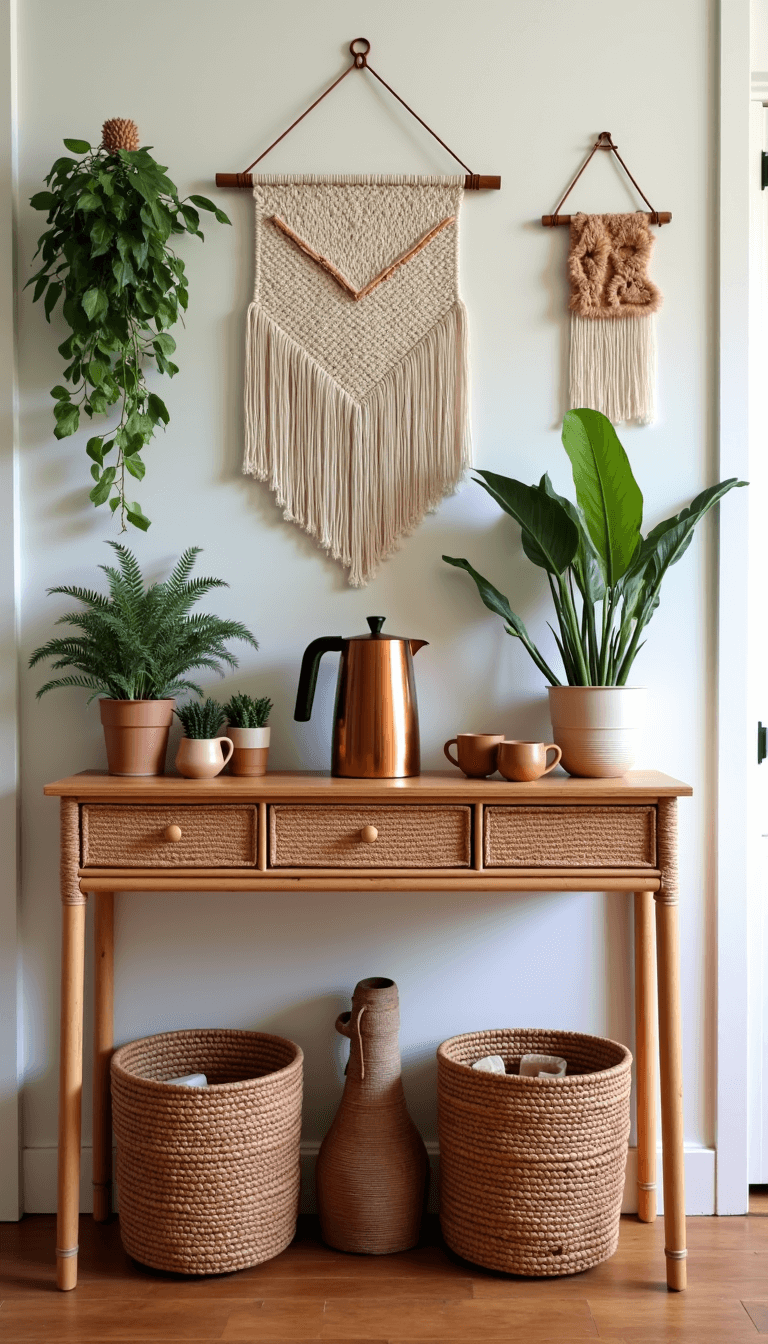 Bohemian coffee station with copper coffee maker, ceramic mugs, and potted plants on a rattan table, framed by macramé wall hangings and lit by diffused midday light