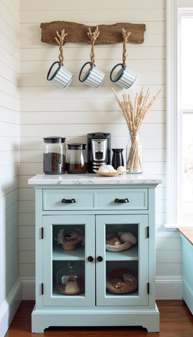 Cozy coastal-themed breakfast nook featuring a coffee bar situated in a blue cabinet with a marble top, surrounded by shiplap walls lit by soft morning light. Decor includes glass canisters of coffee beans, seashells, coral pieces, and mugs hanging from driftwood pegs.