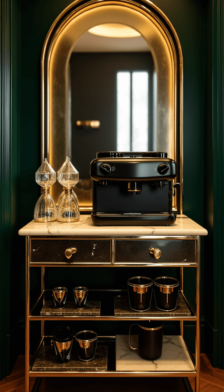 Luxe art deco coffee station with matte black espresso machine, crystal decanters, black and gold mugs on a marble top bar cart under ambient lighting, accentuated by a gold-trimmed mirror and deep emerald accents.