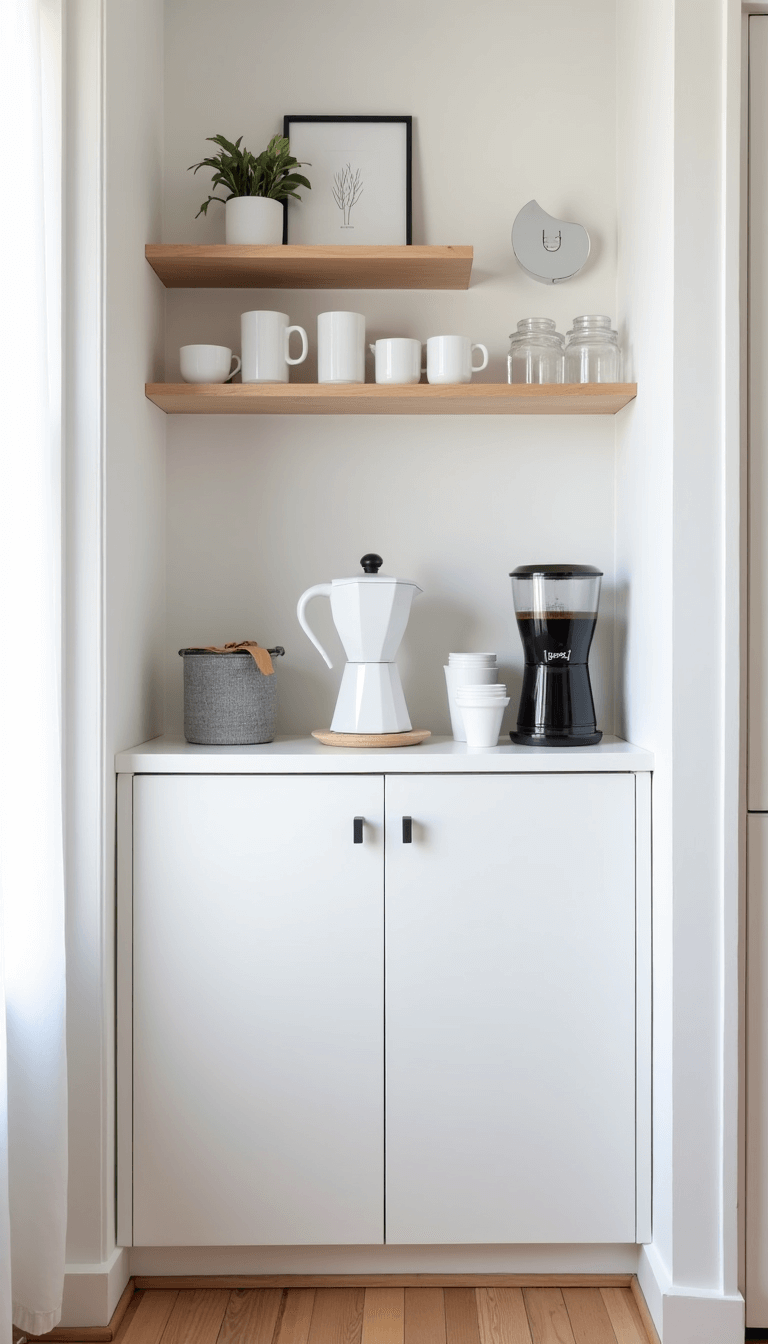 Scandinavian-style coffee corner featuring a white floating counter with coffee maker and grinder, pale wooden shelves with white cups and clear jars, and minimalist decor under clean morning light.
