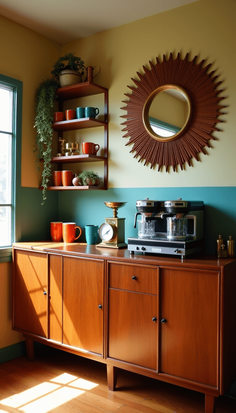 Mid-century modern coffee bar bathed in warm afternoon light, featuring walnut surfaces, teak credenza with coffee equipment, atomic-style orange and teal mugs, brass accessories, and a vintage scale under a sunburst mirror